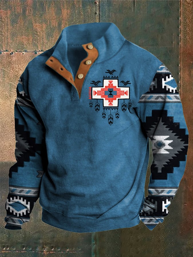 Sudadera Western Style estampado Stand cuello Button para hombre