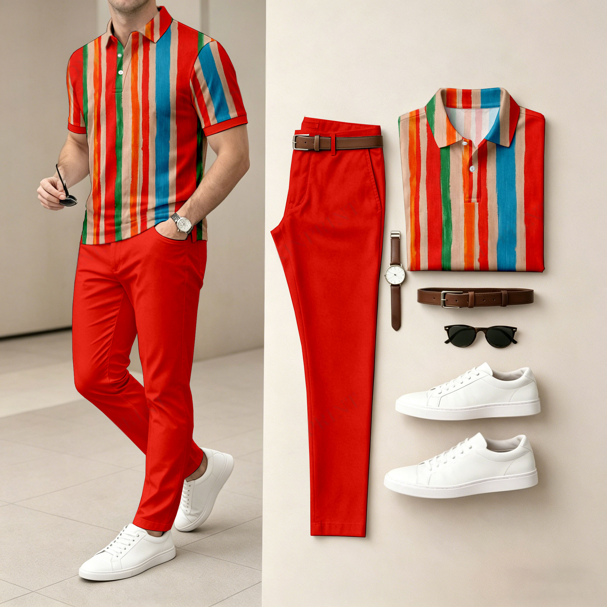 Camisa polo casual a rayas Patchpara trabajo estampado de manga corta And pantalón Set (Excludes Accessories Such As Watches And Belts) para hombre