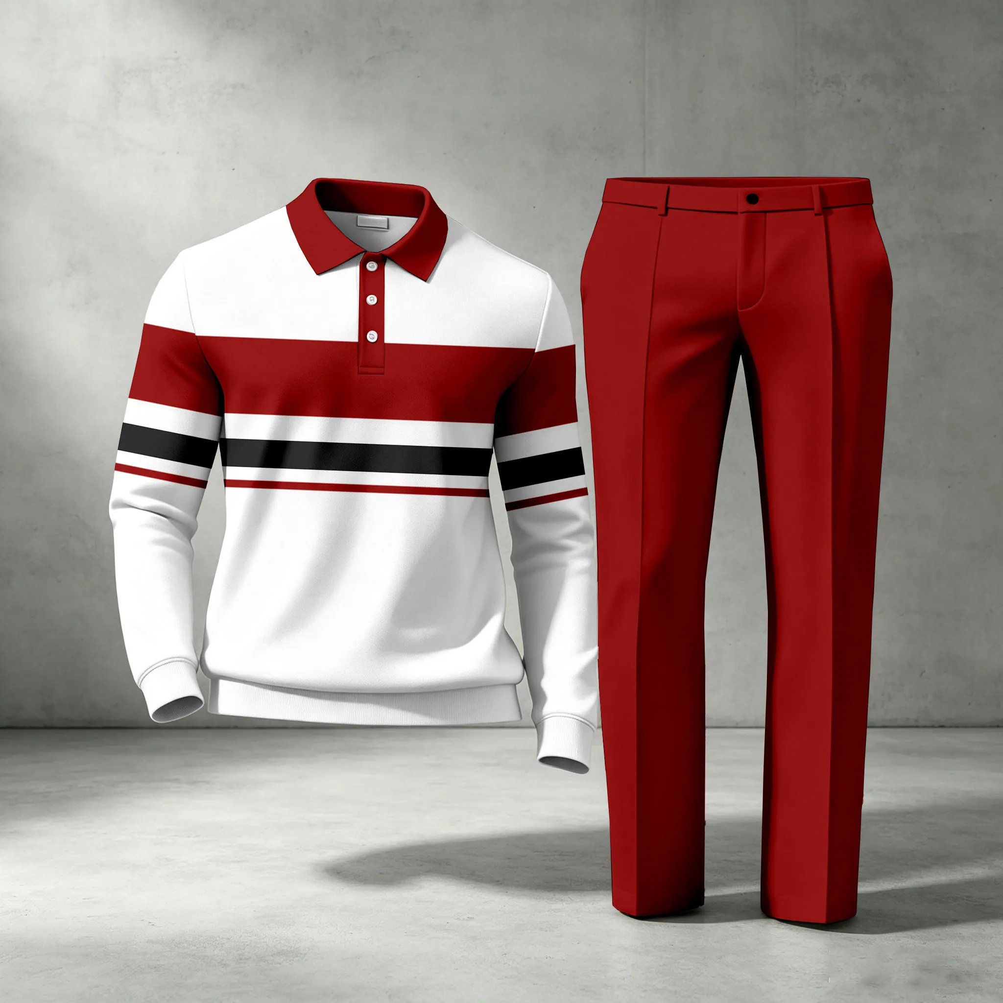 para hombre a rayas de manga larga camisa polo and pantalón conjunto de dos piezas