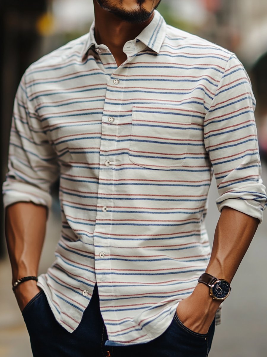 Camisa casual a rayas de manga larga para hombre