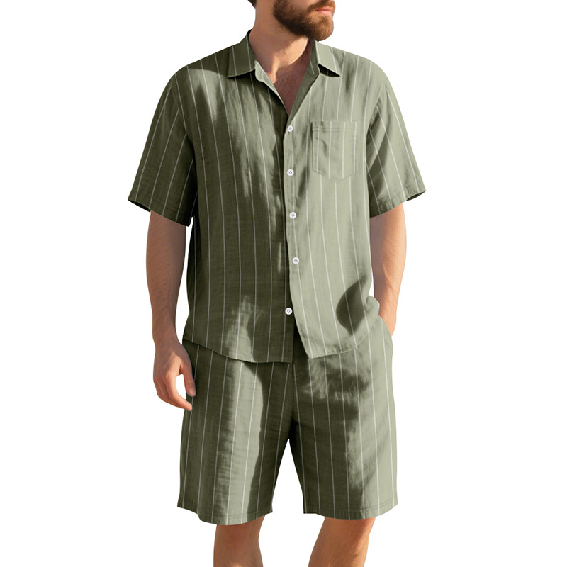 Conjunto de dos piezas a rayas de lino , casual de manga corta con botones camisa and Beach shorts Set, Lightweight transpirable Summer Outfit, holgado Fit Drawstring shorts, Comfortable elegante Set for Vacation Travel Resort para uso diario Wear Lounge para hombre