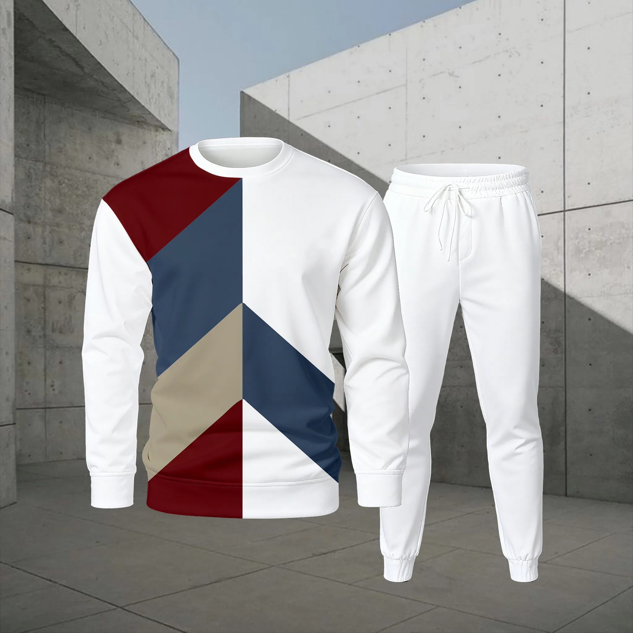 Conjunto de dos piezas casual Color Matching estampado Round-Neck de manga larga sudaderas Trousers para hombre