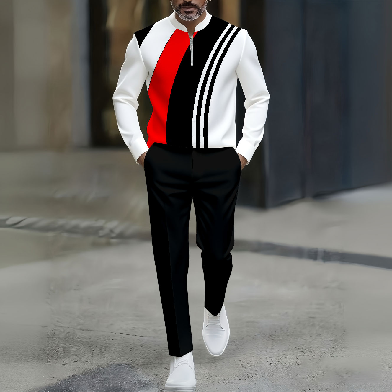 Conjunto de dos piezas casual Black & White Color Matching Asymmetric a rayas estampado Round-Neck Zipper de manga larga Trousers para hombre