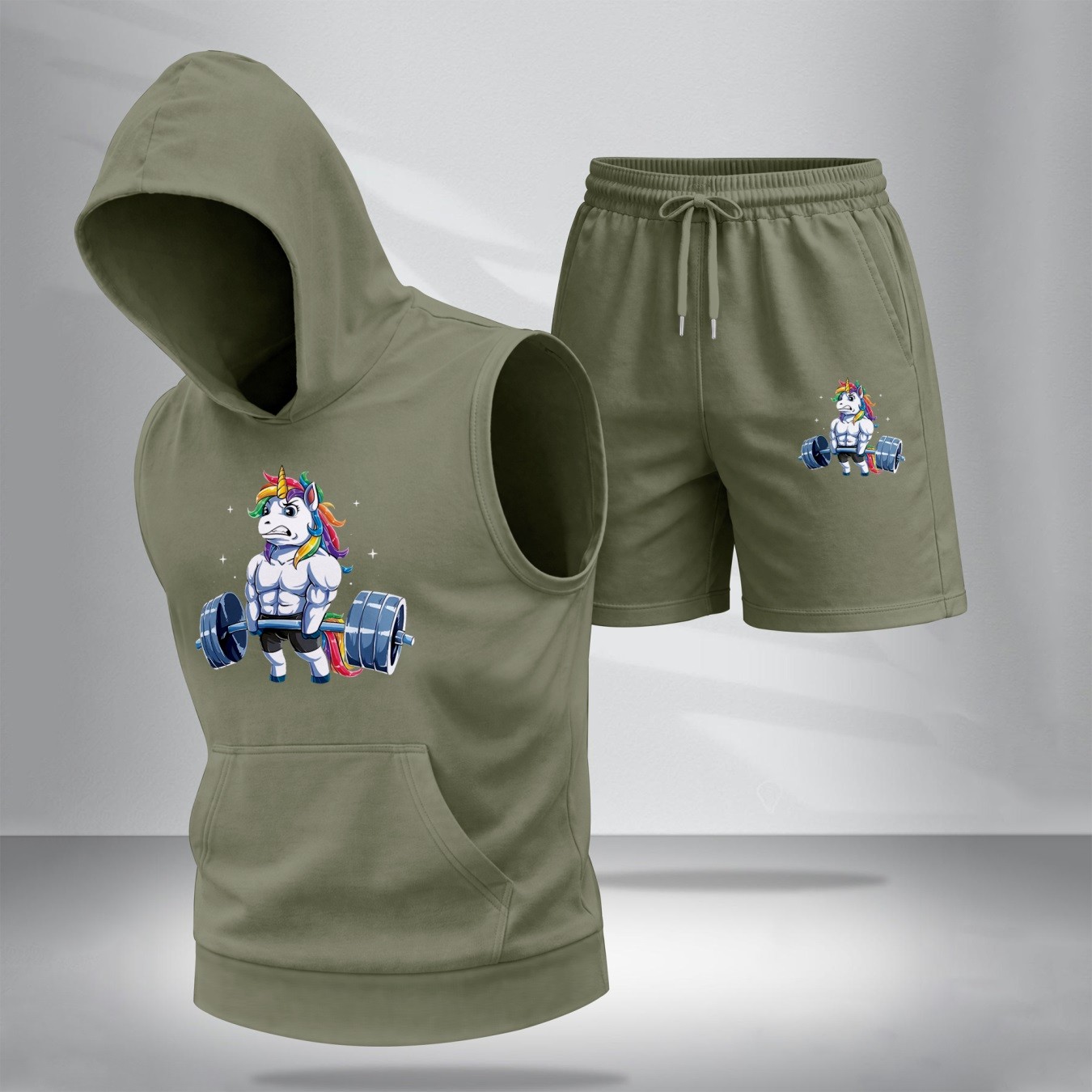 Sudadera con capucha Sleeveless & shorts Set – Muscle Unicorn estampado, casual Summer Two-Piece Outfit, Regular Fit Athletic Streetwear, TikTok Trending Gym de moda, Lightweight Summer Activewear para hombre