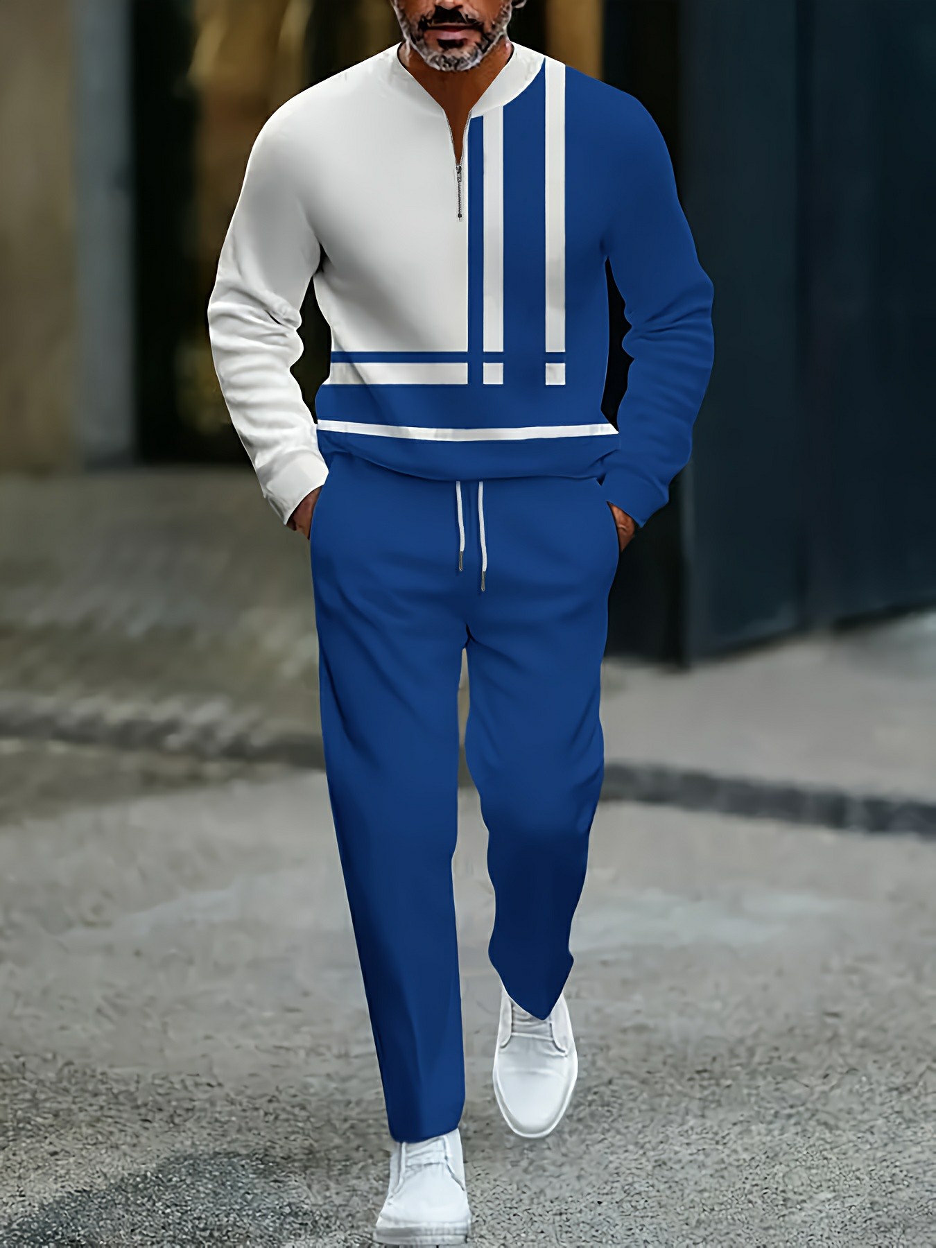 Conjunto de dos piezas casual Royal Blue & White Color Matching Checked estampado Round-Neck Zipper de manga larga Trousers para hombre