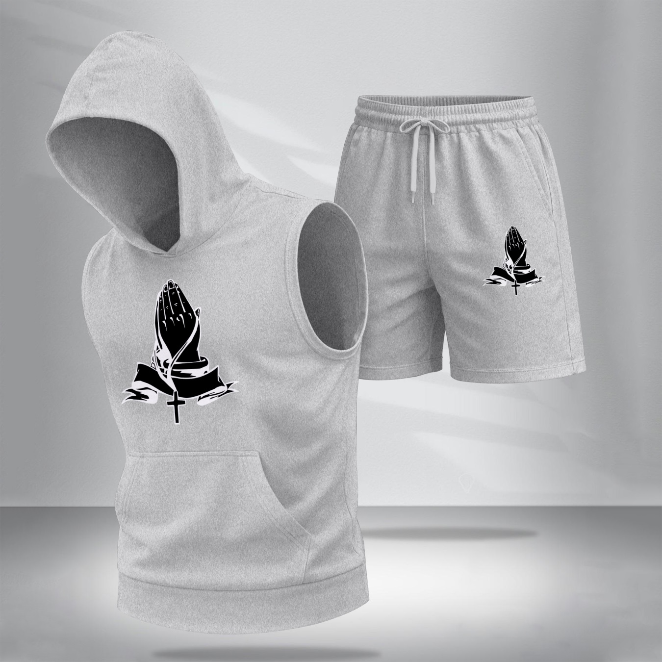 Sudadera con capucha Sleeveless & shorts Set – Praying Hands Graphic, Faith Cross Design, casual Summer Streetwear, Lightweight Comfort Fit, TikTok Hot Trend, Gym & para uso diario Wear para hombre