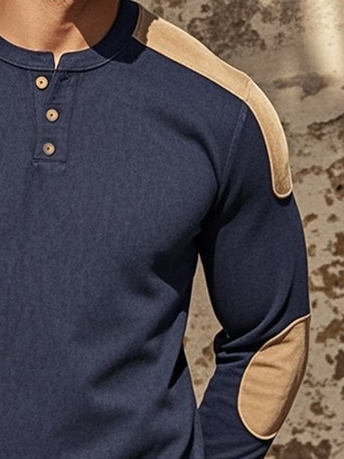 Camisa casual retro casual Colorblock de manga larga Henley para hombre