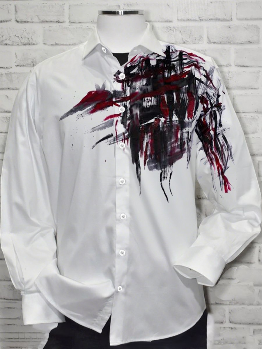 Camisa retro casual geométrico Art de manga larga para hombre