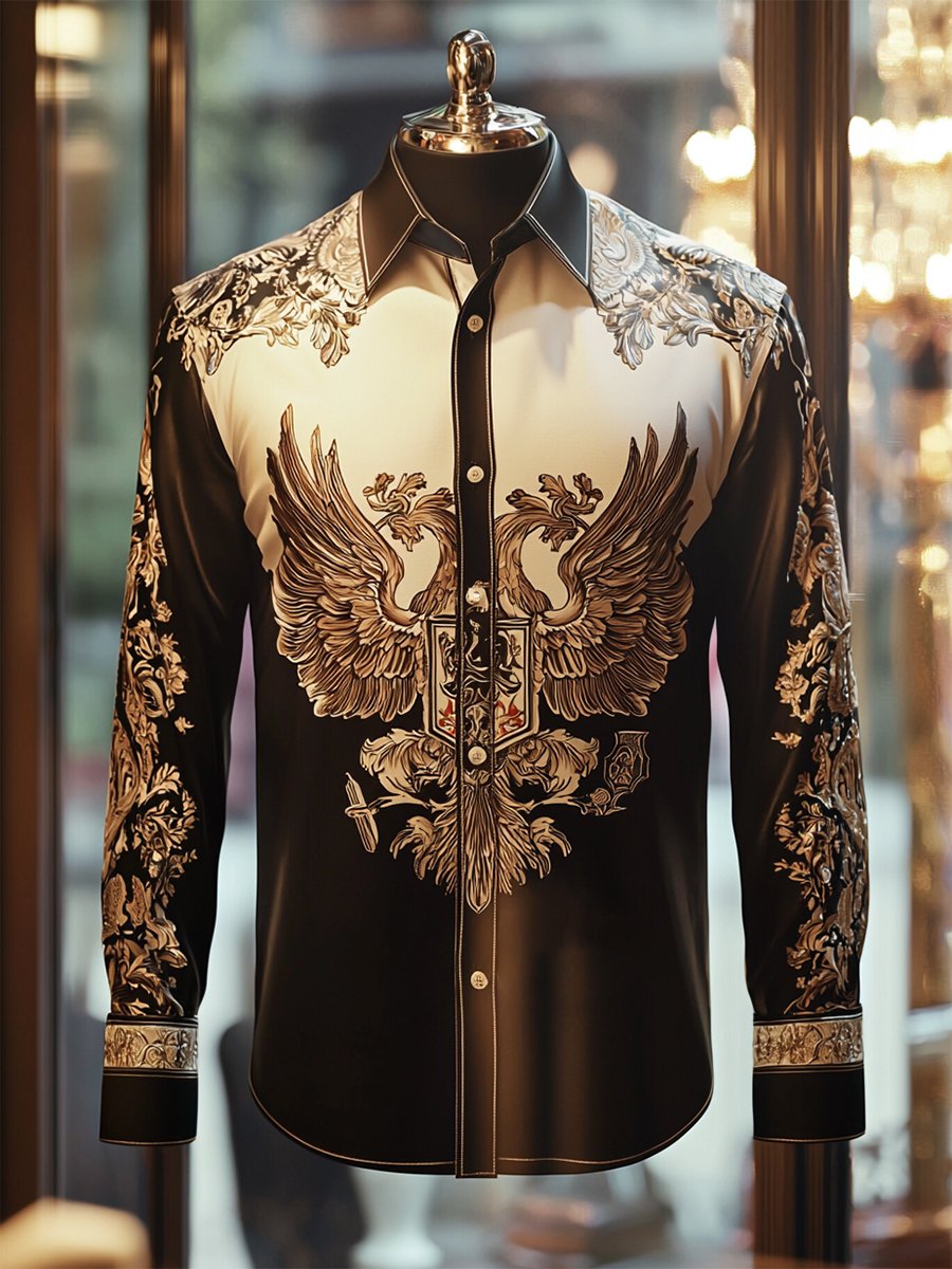 Camisa satén Luxe Eagle Badge de manga larga con botones para hombre