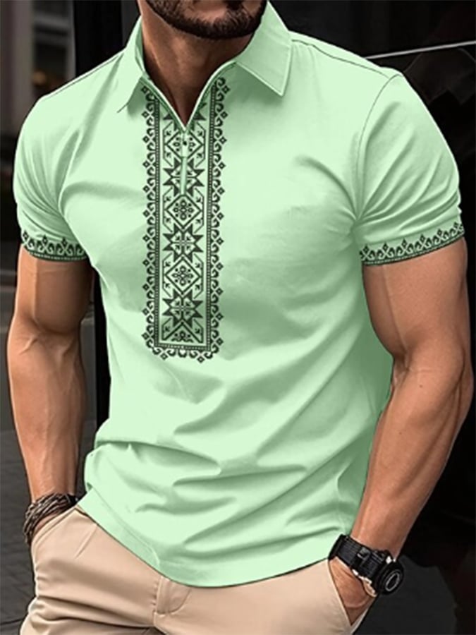 Camisa polo retro Tribal Pattern Colorblock Lapel Zipper Pullover casual