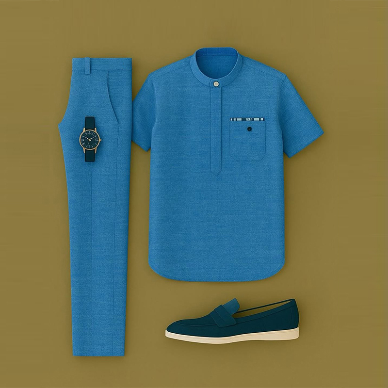 para hombre casual Blue Color de manga cortad Henry Collar camiseta & Trousers conjunto de dos piezas