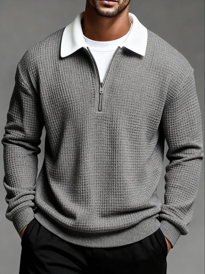 para hombre vintage Waffle-tejido casual para exterior de manga largad camisa polo