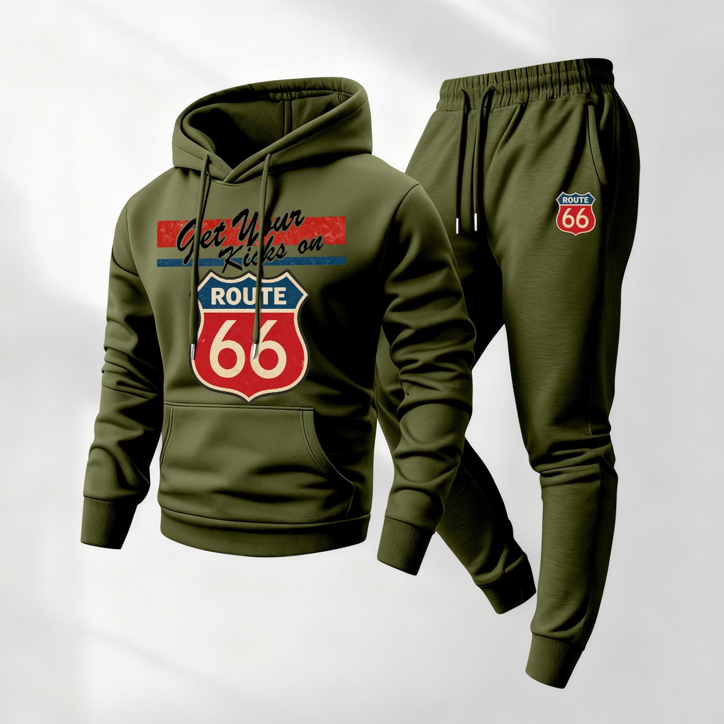Sudadera con capucha Route 66 retro Patterned And Drawstring Track pantalón Set, casual Athletic de manga larga Hooded chaqueta And pantalón, Suitable For Fall And Winter, Street Style sudadera con capucha Set, Everyday Wear, Indoor And para exterior Sportswear, para hombre