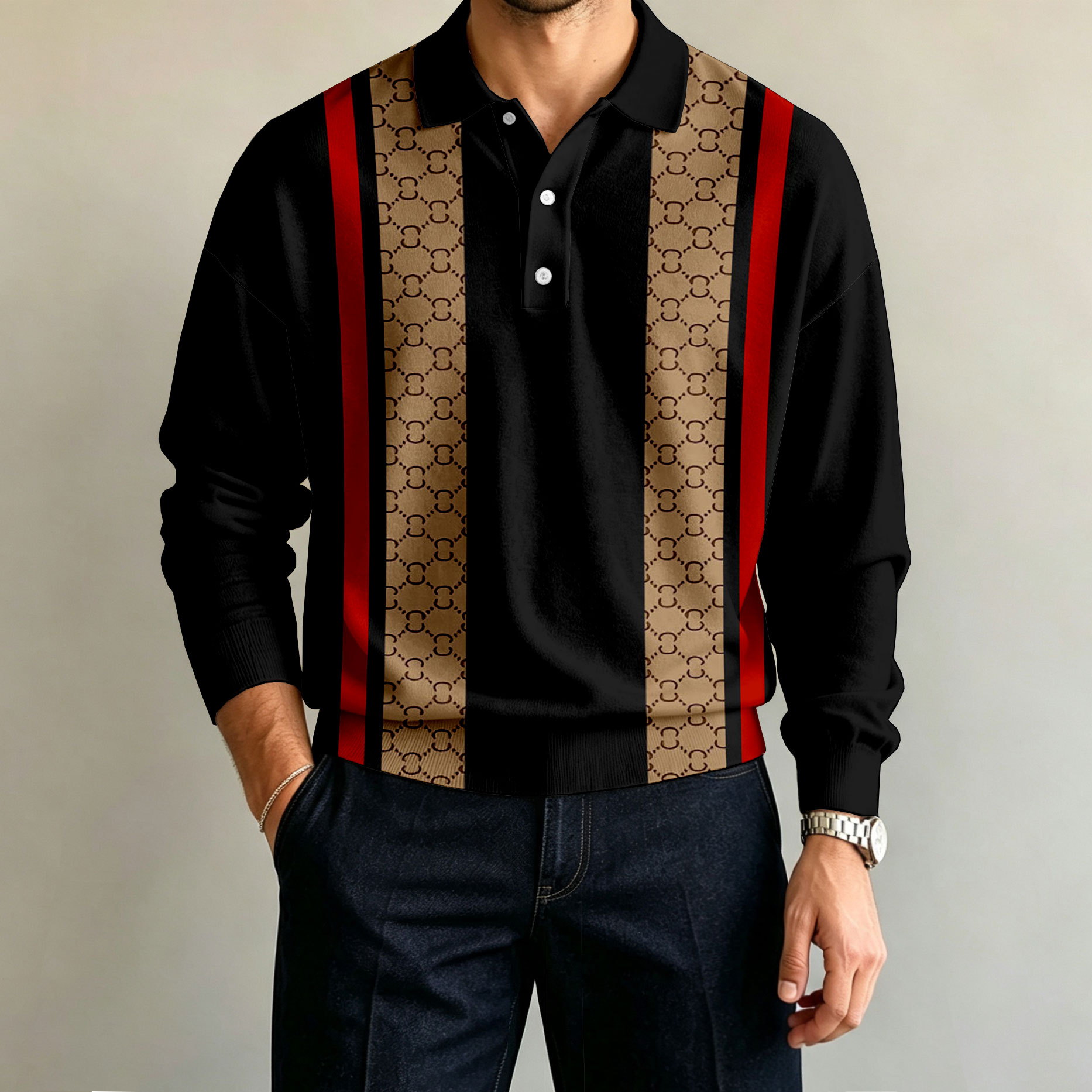 para hombre de manga larga Vertical-a rayas camisa polo