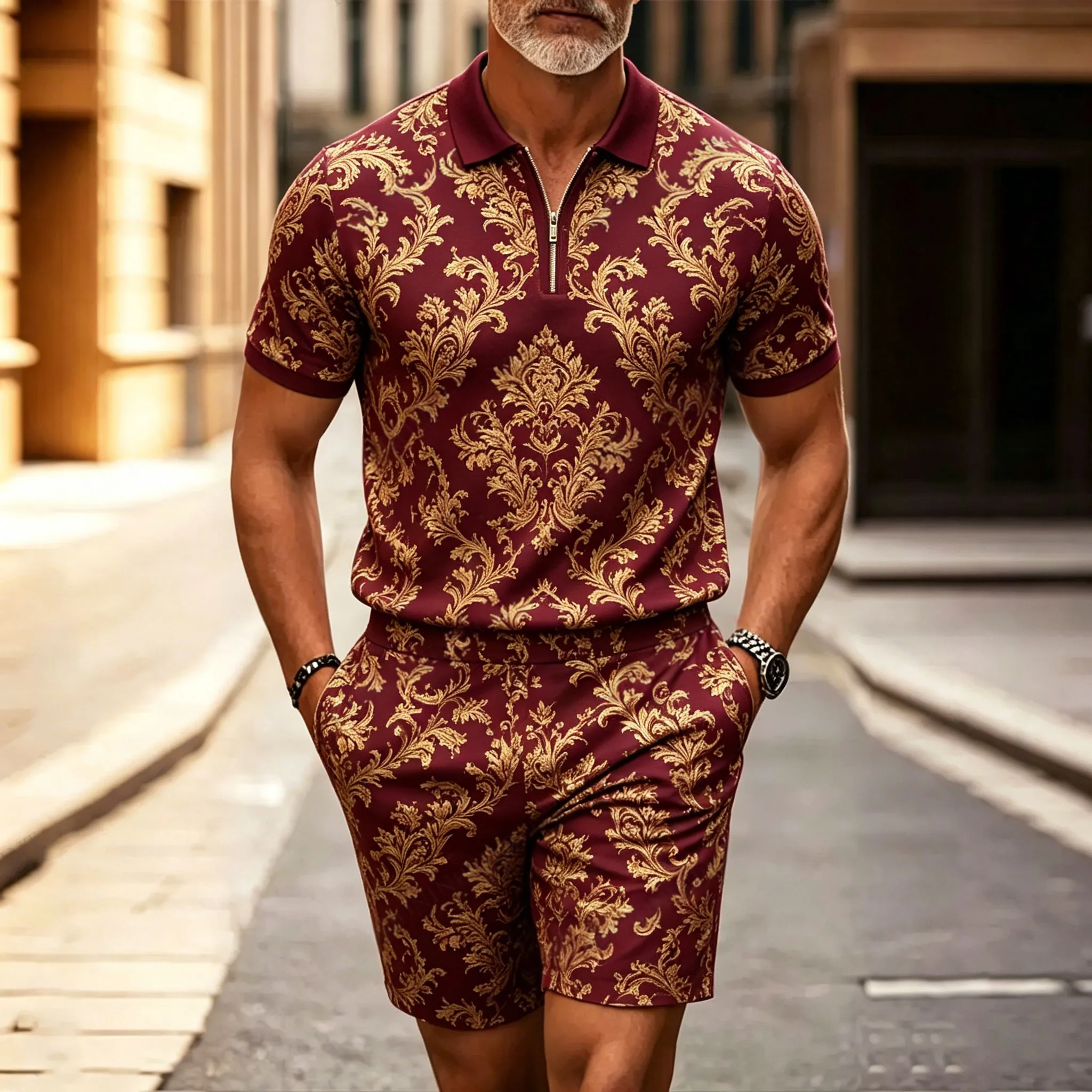 Conjunto de dos piezas casual Wine Red Pattern Half-Zip de manga corta camisa And shorts para hombre
