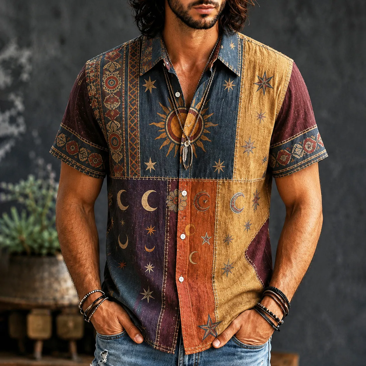 Camisa Hippie Sun And Moon Element Patchpara trabajo Art estampado de manga cortas para hombre