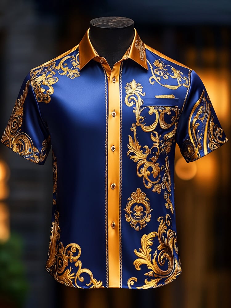 Camisa satén Luxe estampado de manga corta Button para hombre