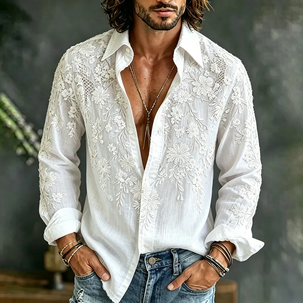 para hombre vintage White Cherry Blossom And Lace Art Blend de algodón de lino Comfortable casual de manga larga camisa