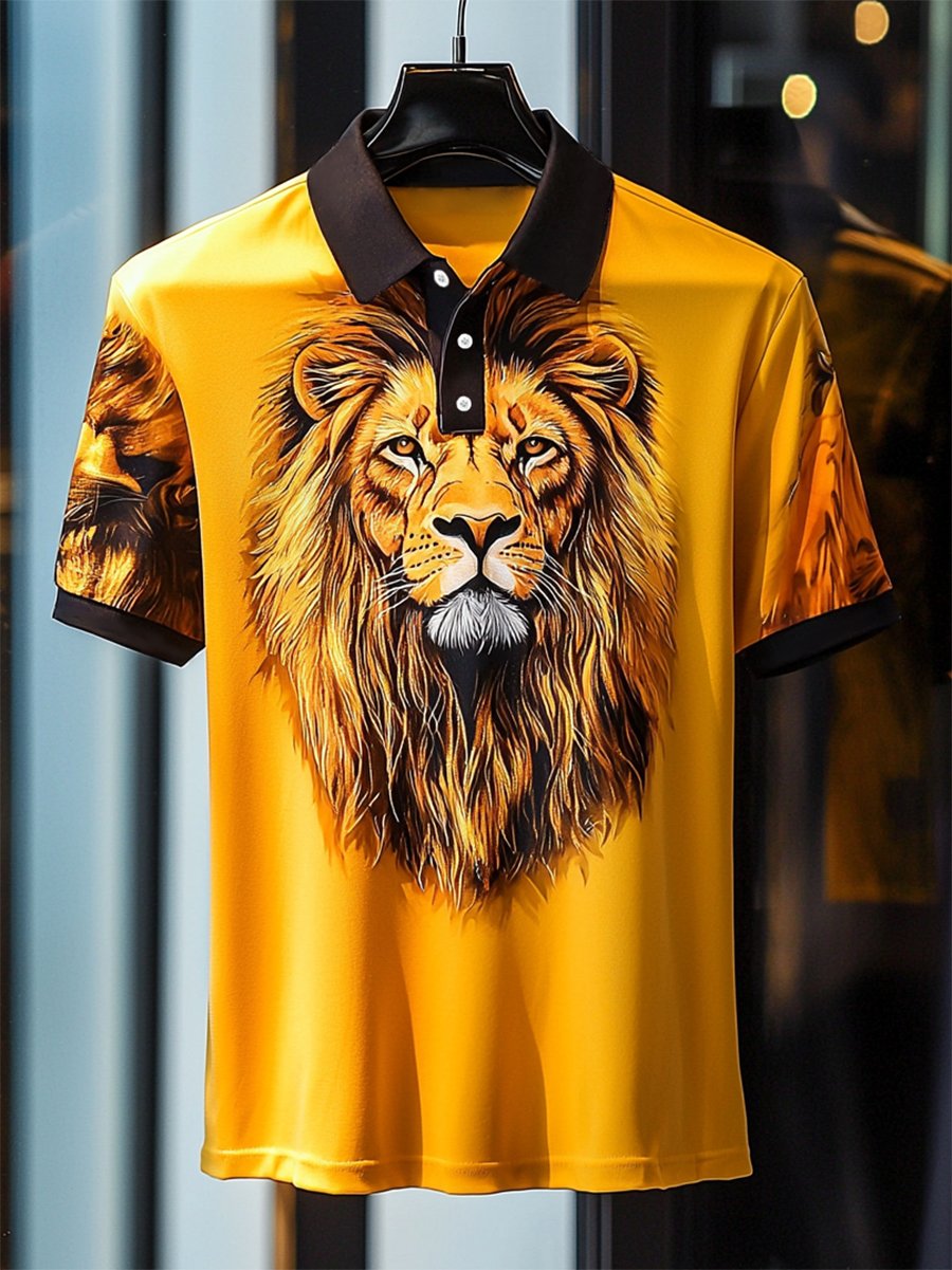 Camisa polo ejecutivo casual Lion estampado Button de manga corta para hombre