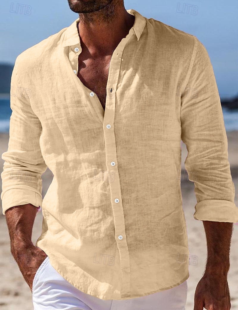 Camisa de lino camisa Summer camisa Beach Wear Button Up camisa Plain casual para uso diario Black White Pink Navy Blue de manga larga Turndown Spring & Summer Clothing Apparel para hombre - vista 9