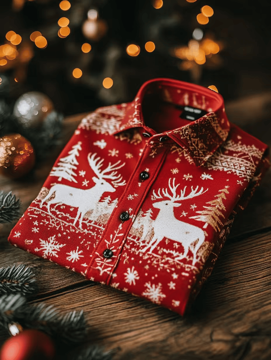 Camisa de lujo Christmas Party de manga larga con botones para hombre
