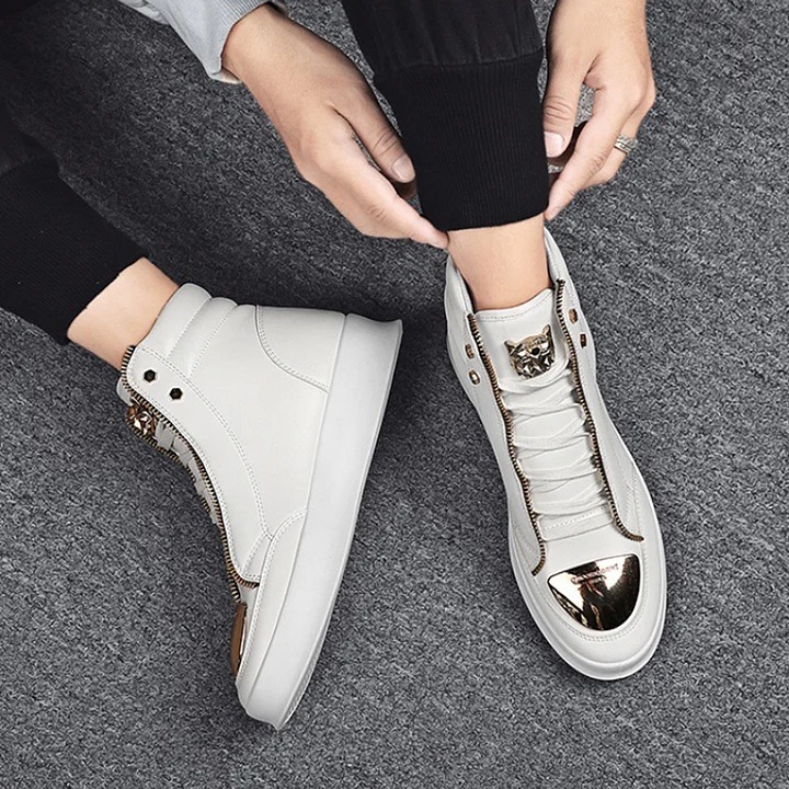 para hombre casual Solid Zipper Metal Decor Lace Up High Top PU Leather Martin Boots