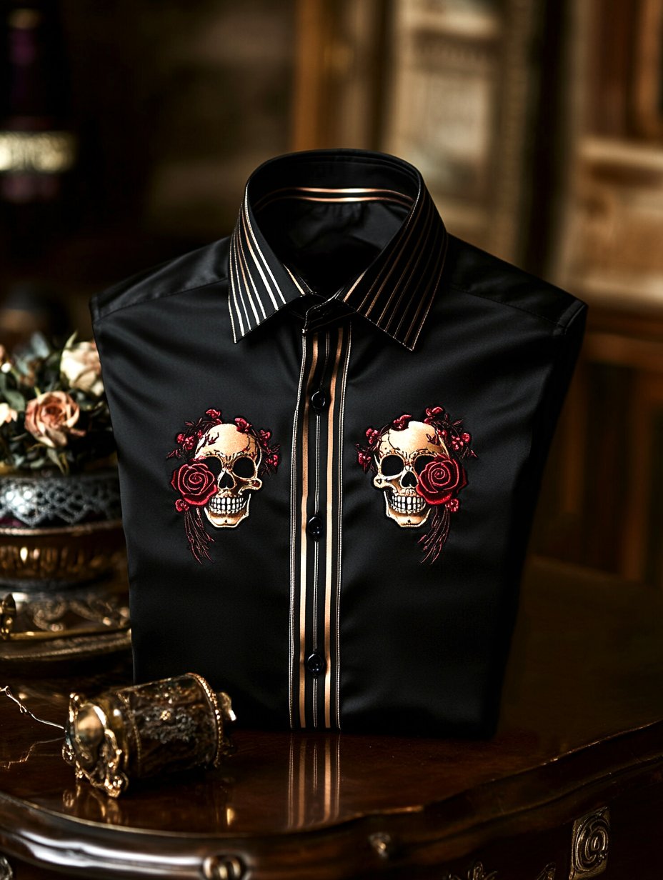 Camisa satén Skull Rose casual de manga larga con botones para hombre