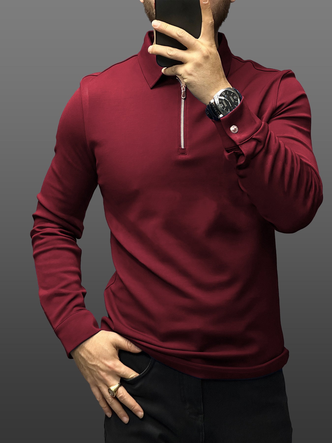 Modal Blend de manga larga Half Zip Polo