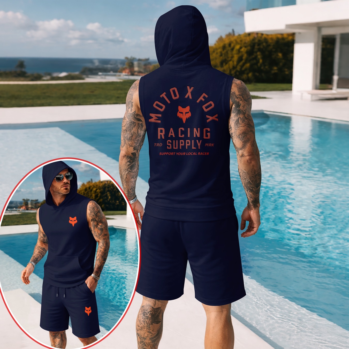Conjunto de dos piezas : retro-estampado Hooded Vest & shorts — Regular Fit, casual Sporty Style, Sleeveless Top & shorts; Summer Apparel para hombre