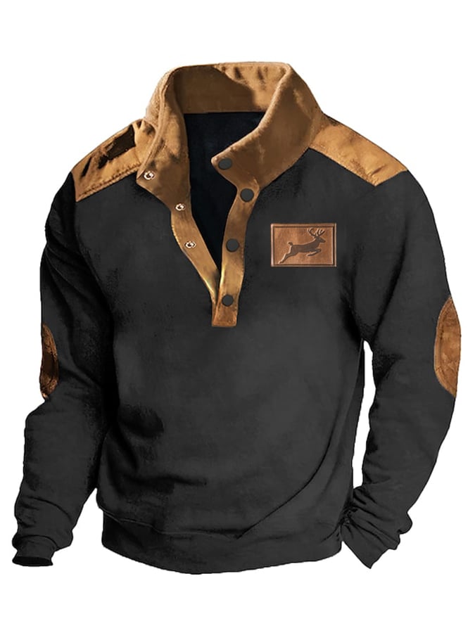 Sudadera Western Style Elk estampado Deerskin terciopelo Patchpara trabajo Stand-cuello para hombre