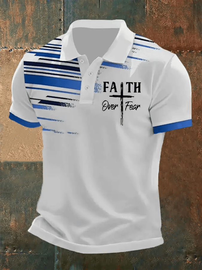 Camisa polo retro Faith “Faith Over Fear�? casual estampado para hombre