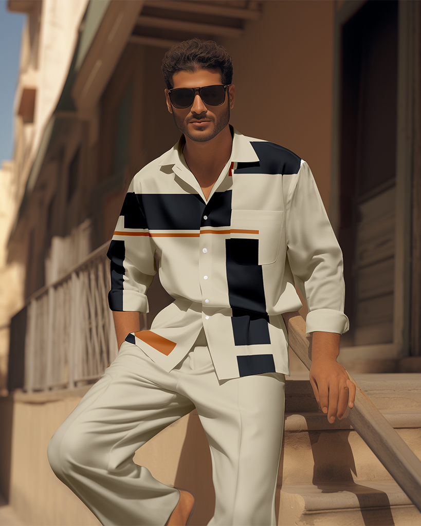 Camisa Colorblock estampado de manga larga casual Walking Suit 1481 para hombre