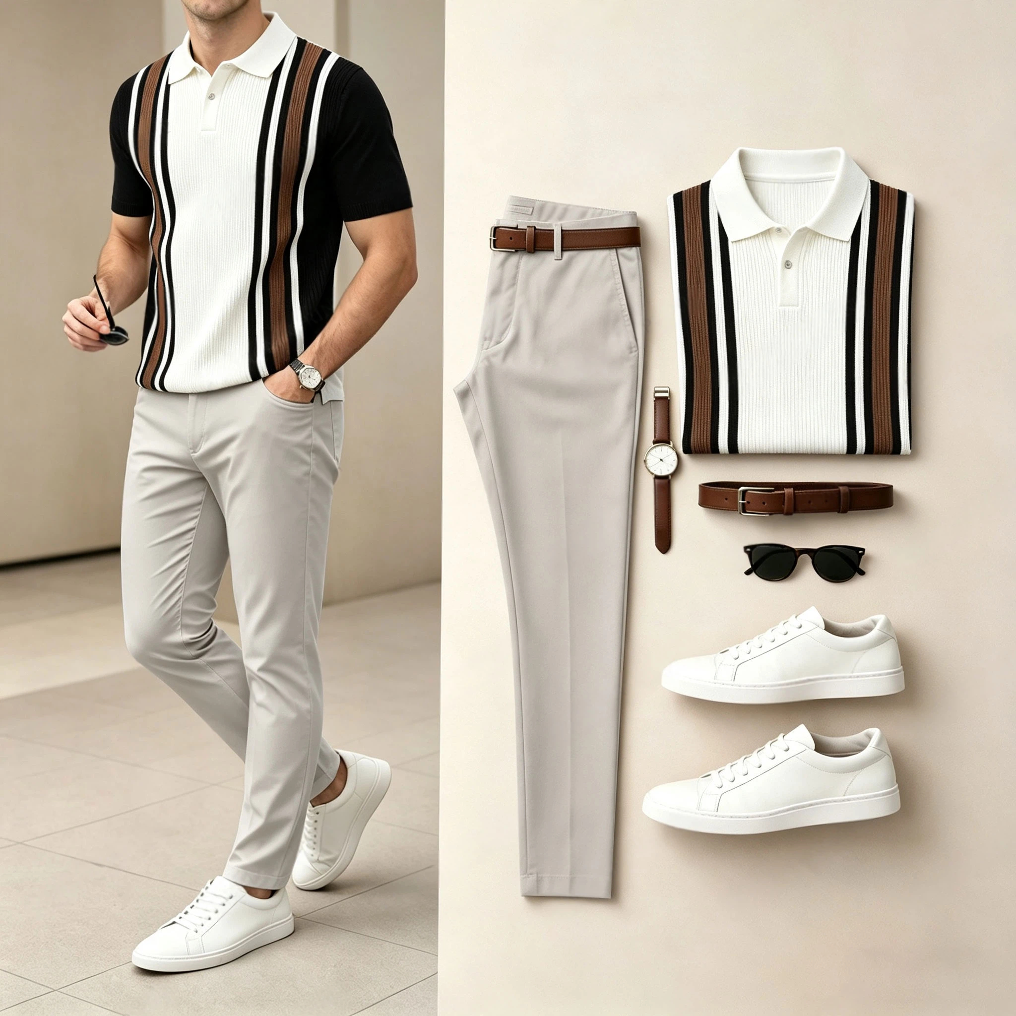 Conjunto de dos piezas Vertical-a rayas tejido de manga corta camisa polo and pantalón (Accessories Not Included) para hombre