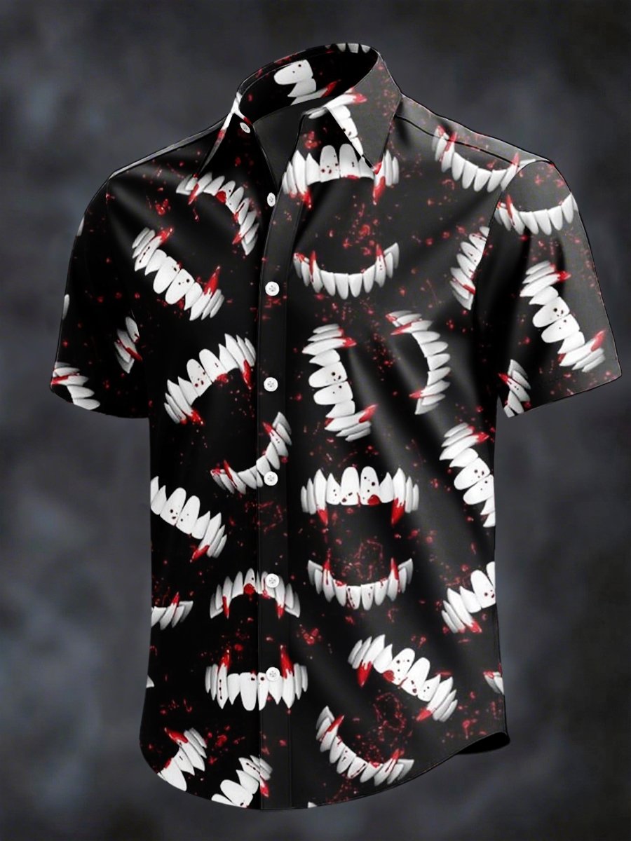 Camisa retro Horror Skull estampado solapa de manga corta para hombre