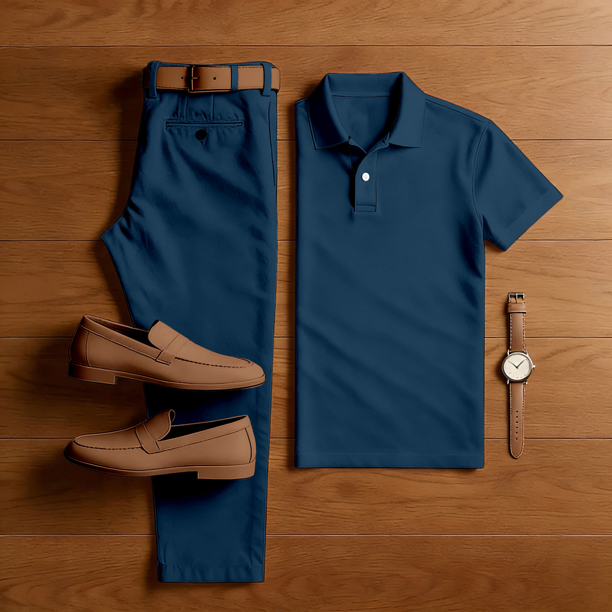 Conjunto de dos piezas casual Navy Blue de manga corta camisa polo & Trousers para hombre