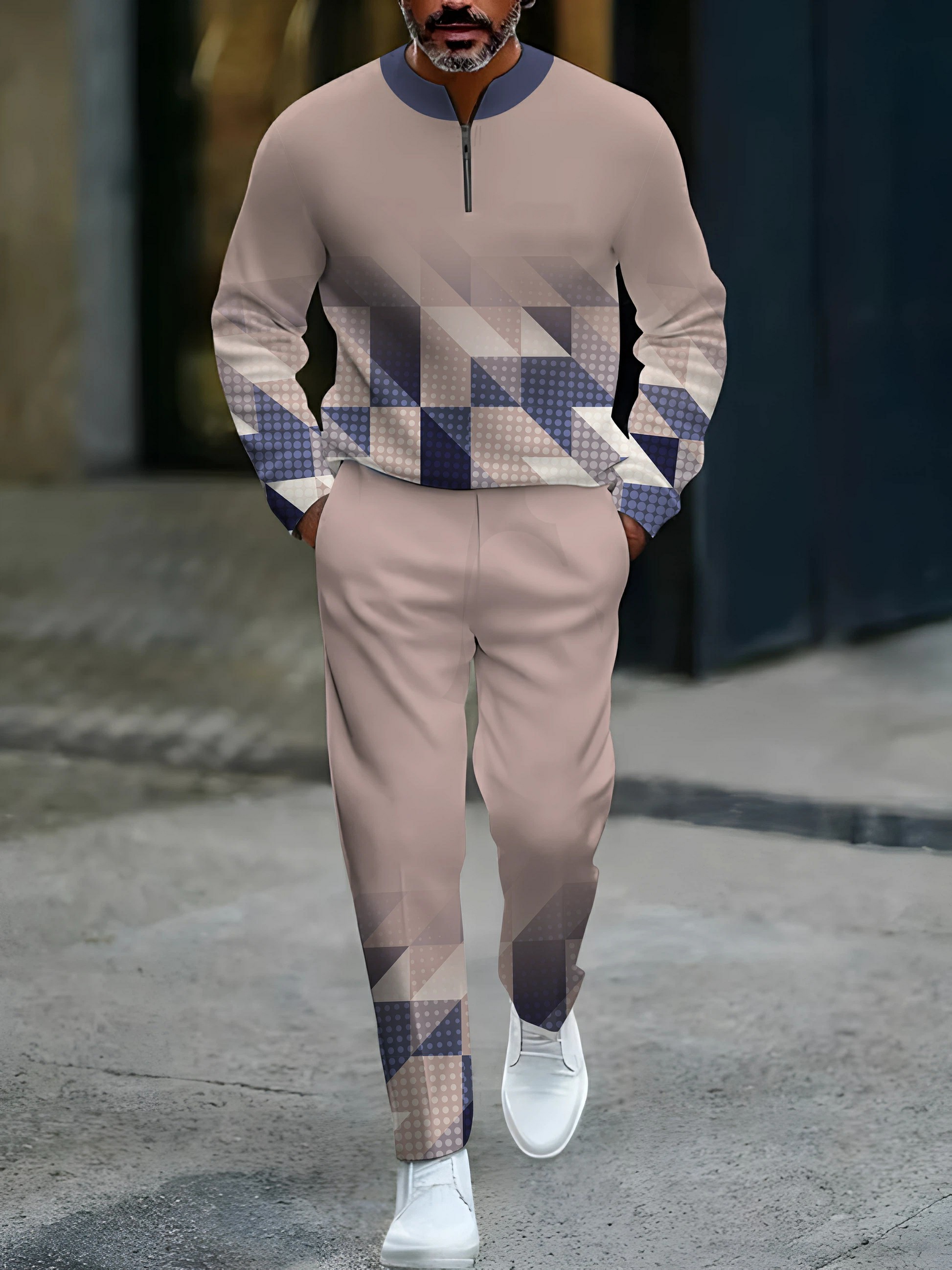 Conjunto de dos piezas casual Pink & Purple Color Matching degradado Checked Pattenr Round-Neck cierre de manga larga Tops & Trousers para hombre