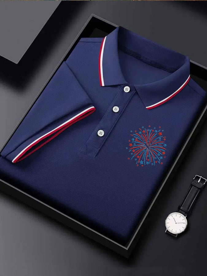 Camisa polo Independence Day retro Flag Embroidery Firepara trabajos estampado para hombre