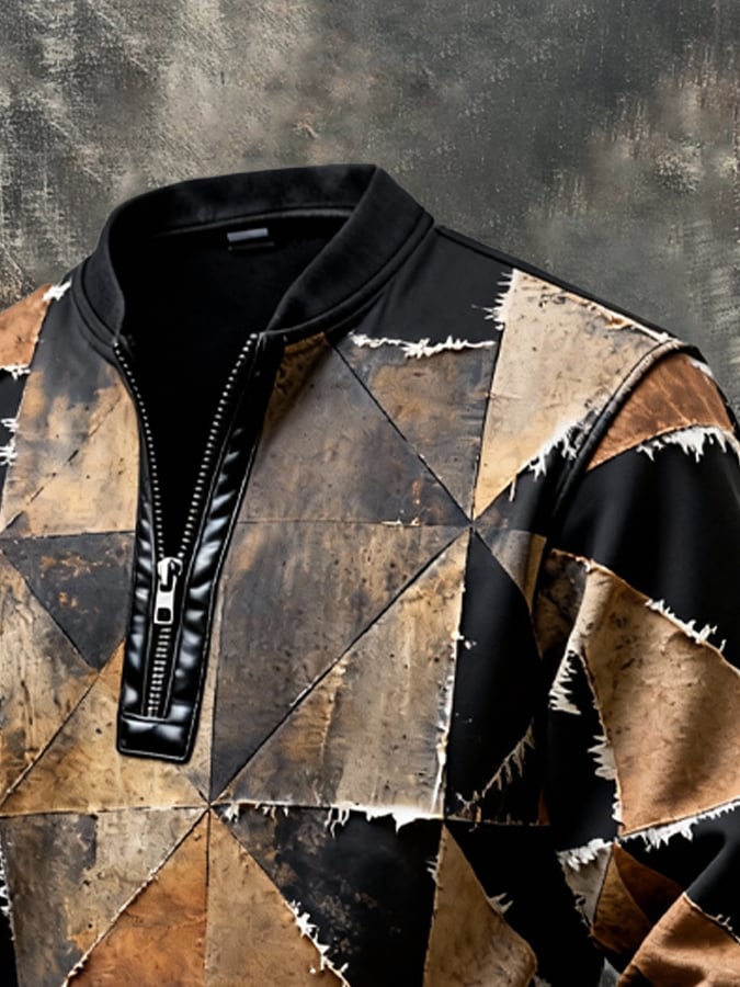 Sudadera vintage Color-Block estampado con cierre con gorrasucha para hombre