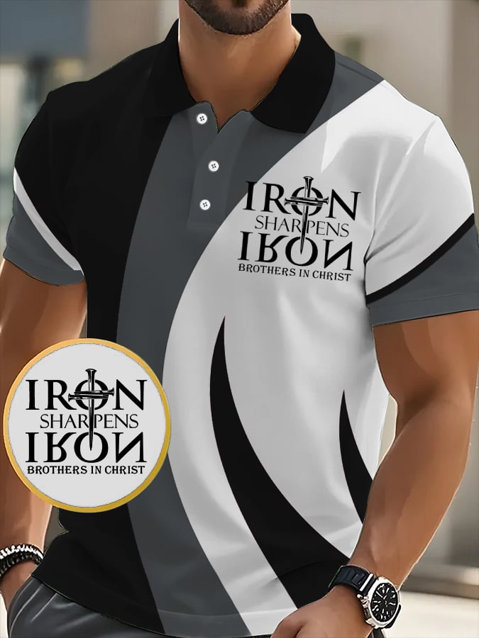 Camisa polo retro Faith “Iron Sharpens Iron Brothers In Christ�?casual estampado para hombre