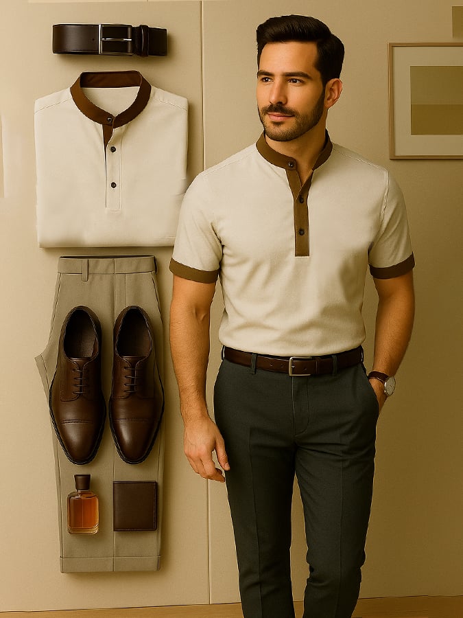 Camiseta de moda ejecutivo casual Colorblock Henley de manga corta para hombre