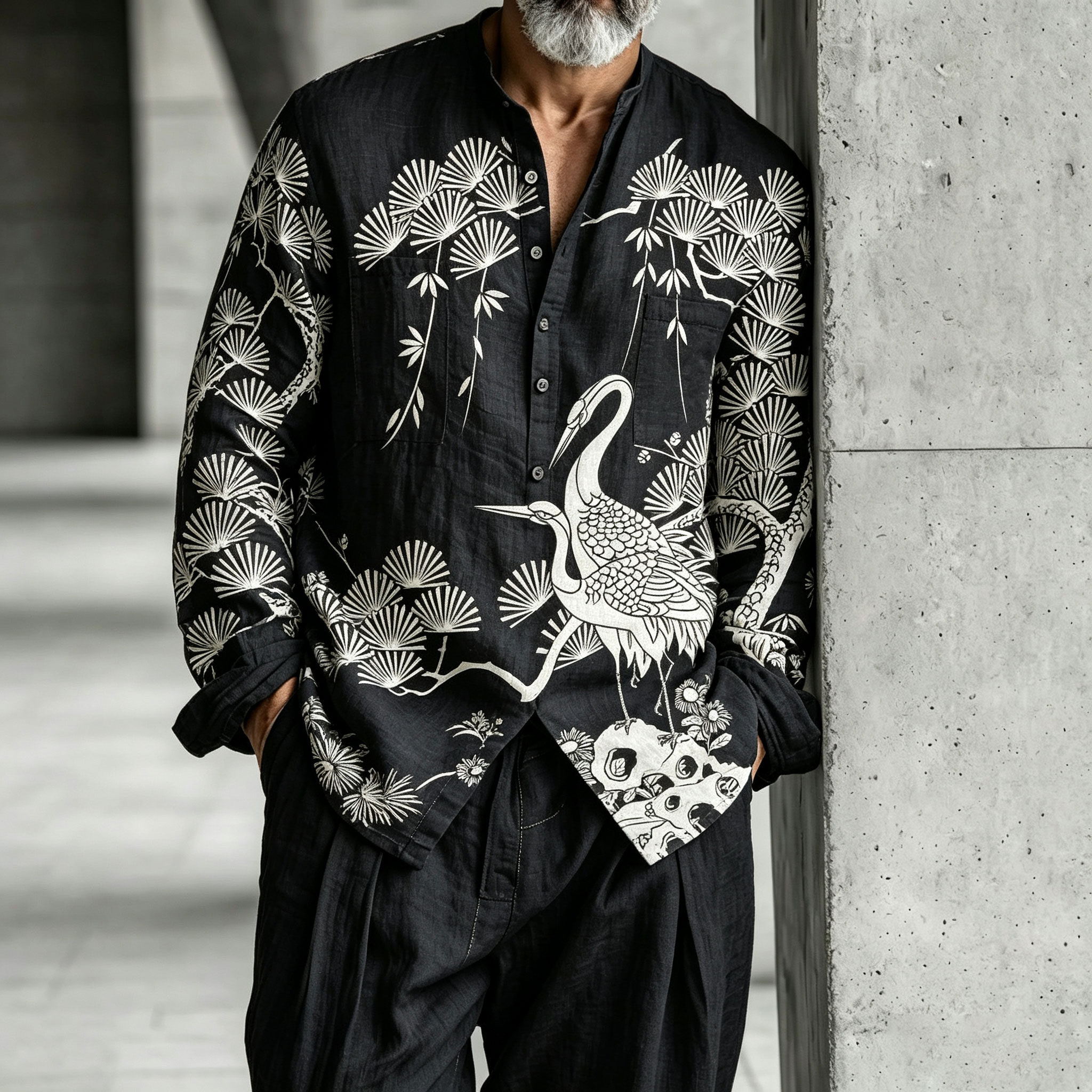 para hombre White Crane Print Stand-Collar Half-Open Henley camisa and pantalón