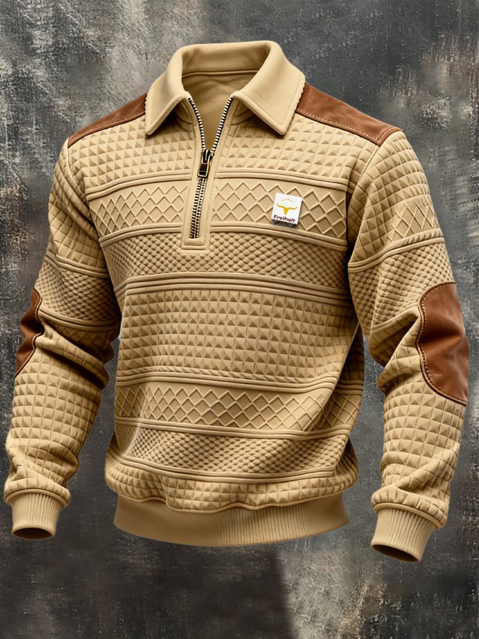 Sudadera retro jacquard texturizado Patchpara trabajo Comfortable Color-Blocked con cierre para hombre