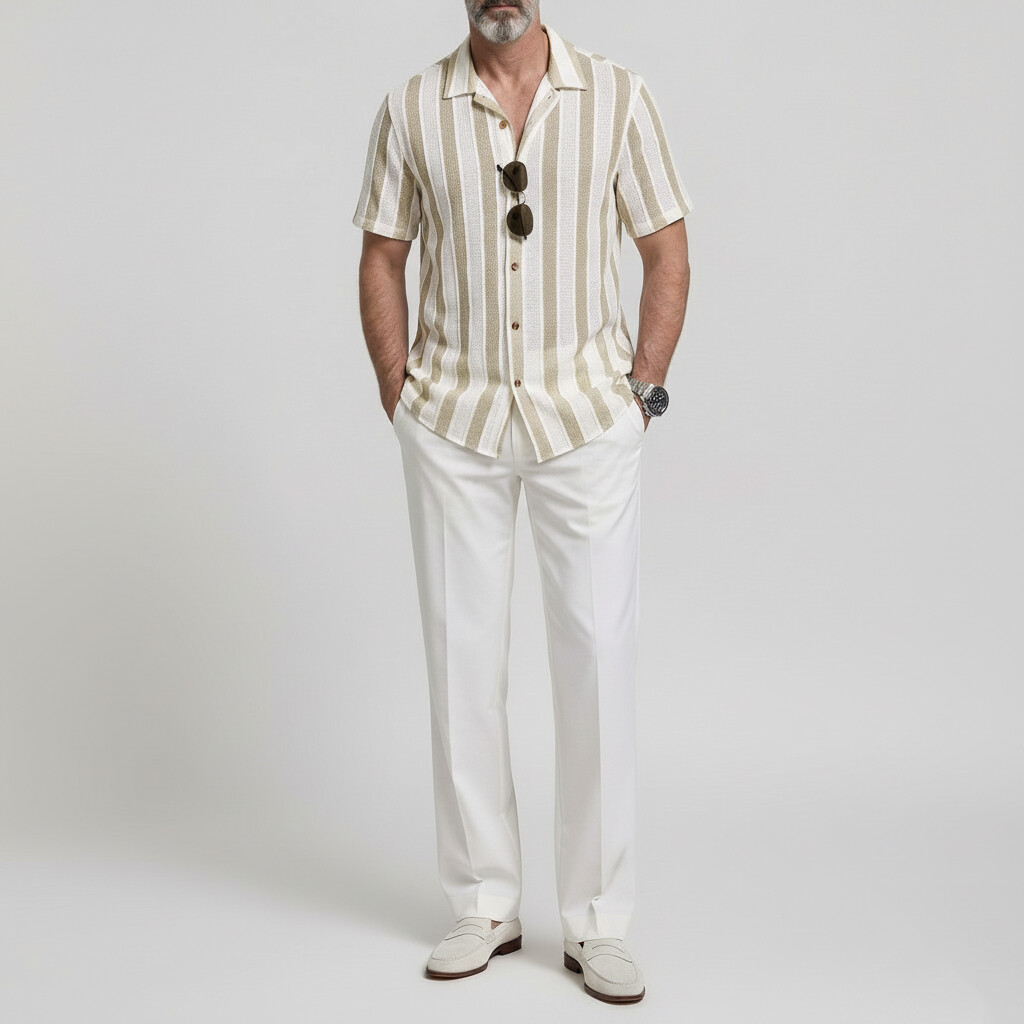 Camisa Contrast rayas Turndown Collar Button Up ejecutivo casual de manga corta para hombre