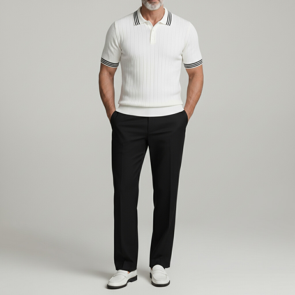 Camisa polo ejecutivo casual Contrast Trim Turndown Collar Pit rayas para hombre