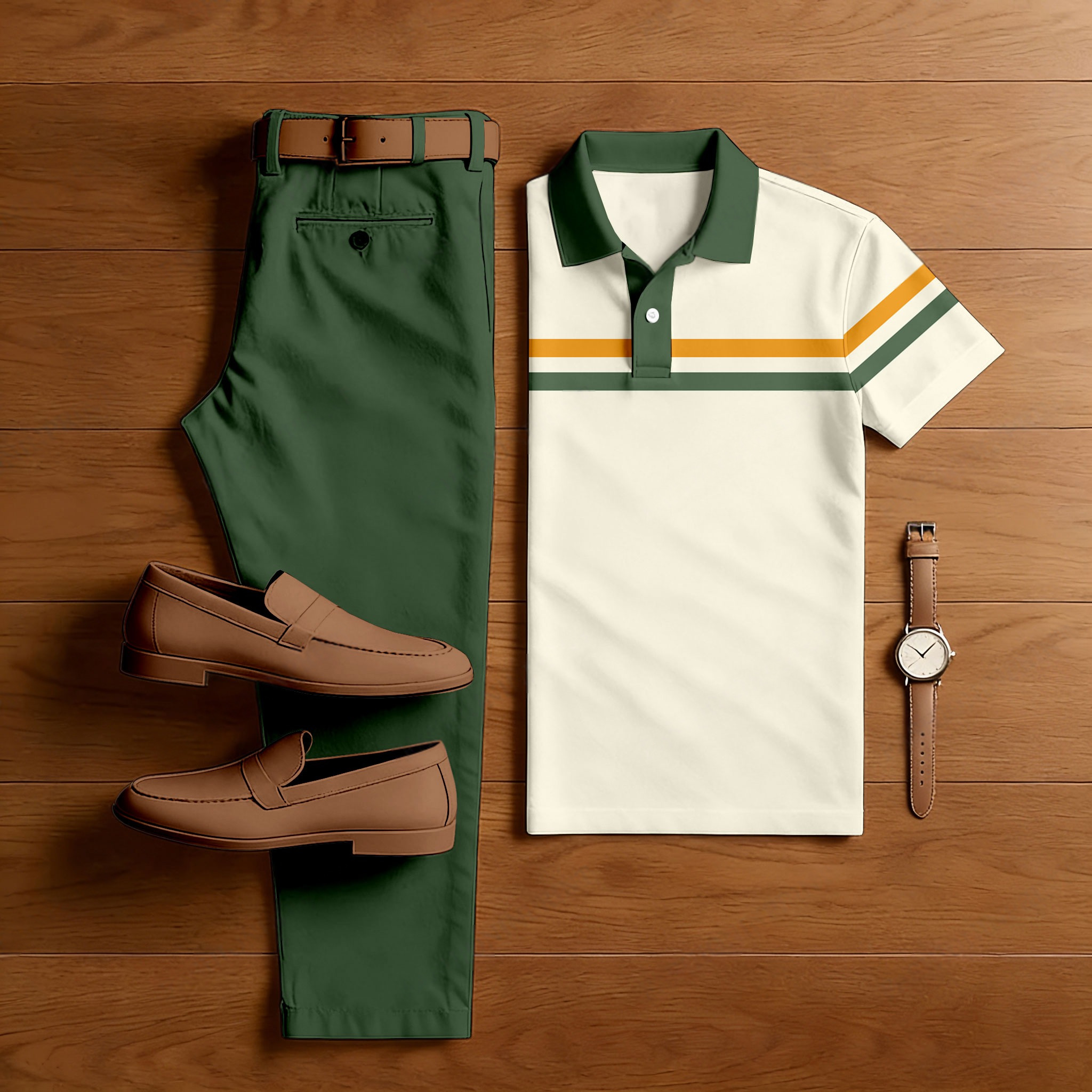 Conjunto de dos piezas casual White & Green Color rayas de manga corta camisa polo & Trousers para hombre