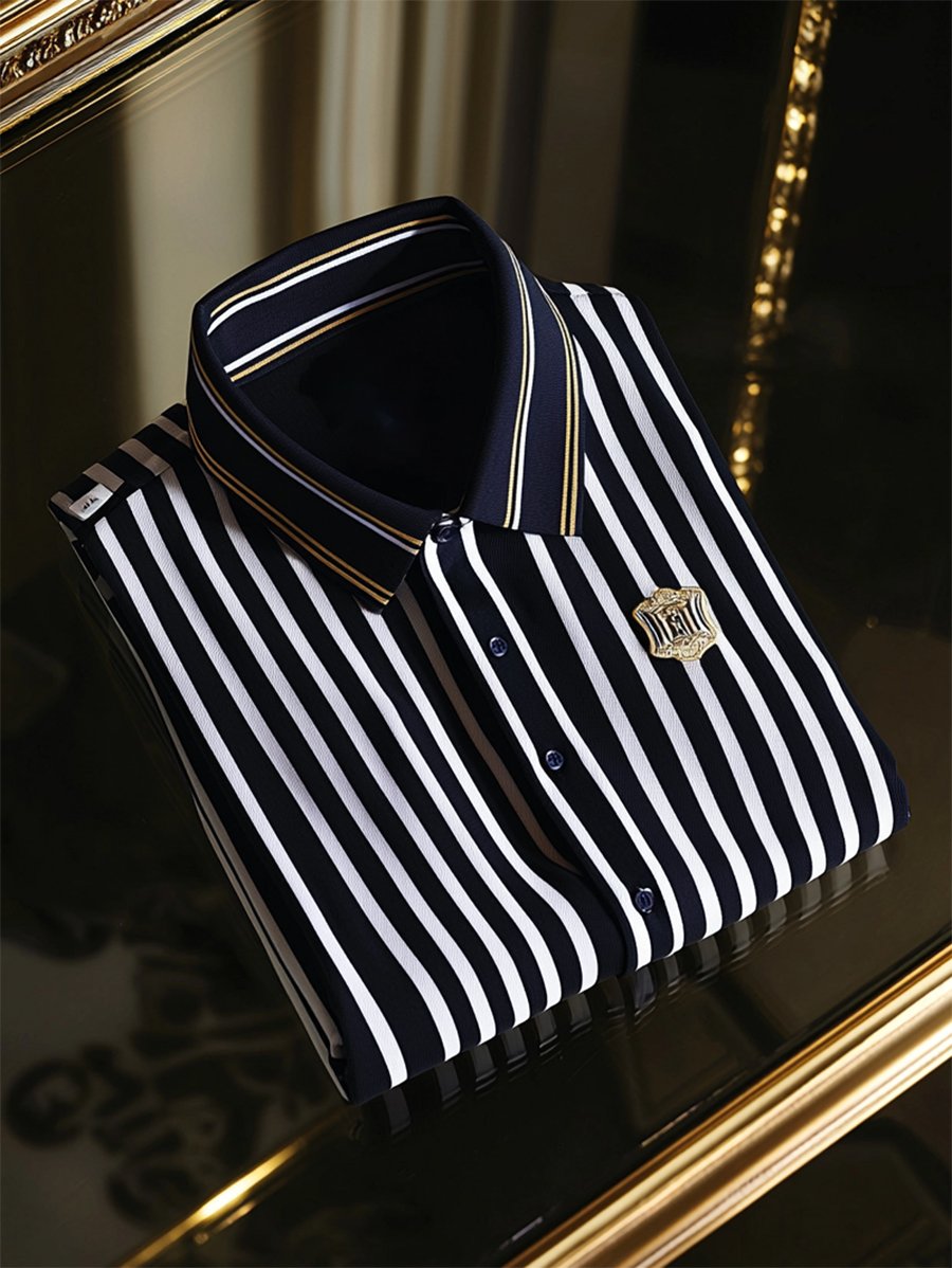 Camisa ejecutivo casual a rayas Logo estampado de manga larga para hombre