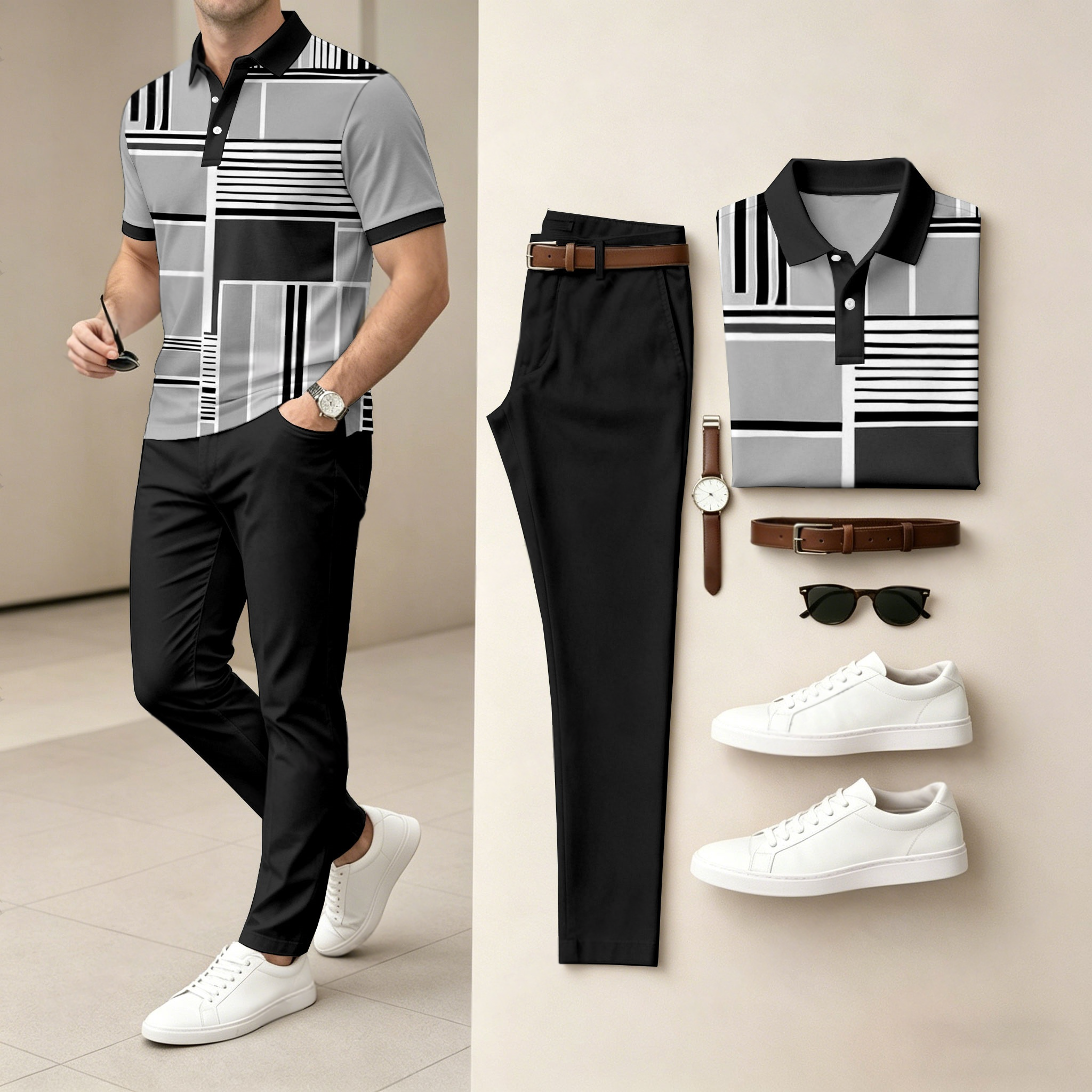 Conjunto de dos piezas casual Gray Geometry estampado camisa polo And pantalón para hombre