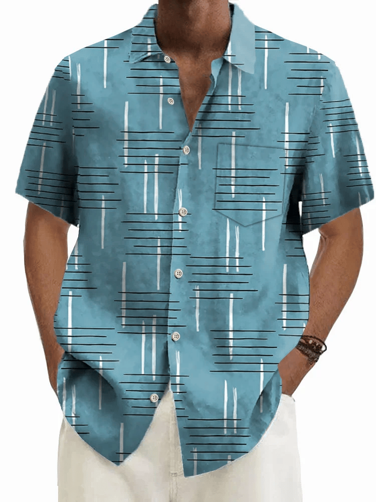 Camisa retro Geometric estampado Button Pocket de manga corta para hombre