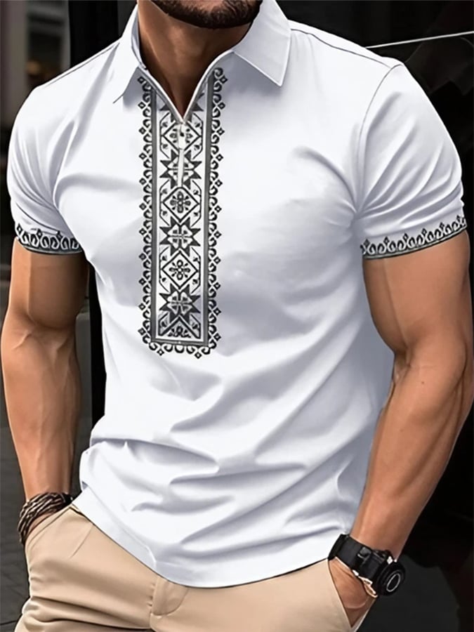 Camisa polo retro Tribal Pattern Colorblock Lapel Zipper Pullover casual