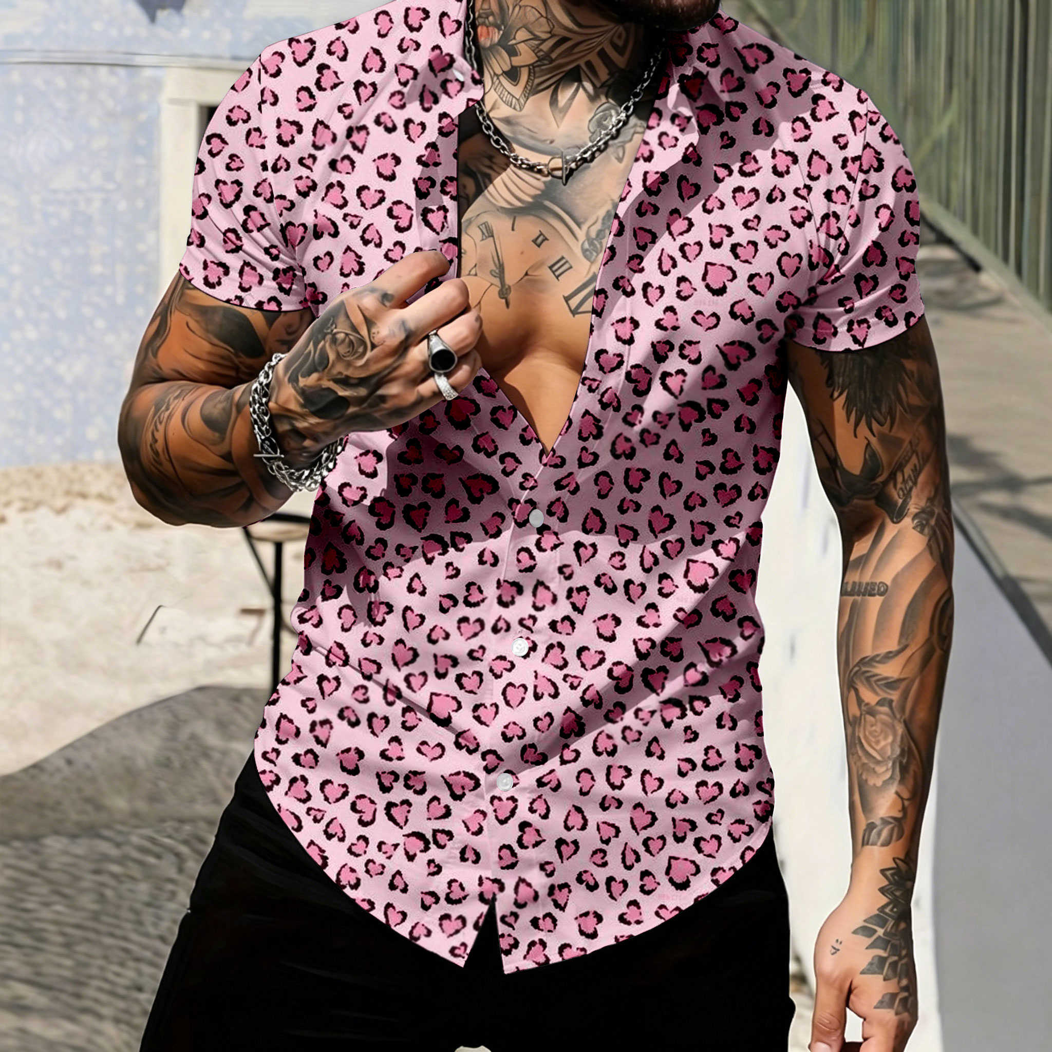 Camisa casual de manga corta With Pink Leopard estampado para hombre